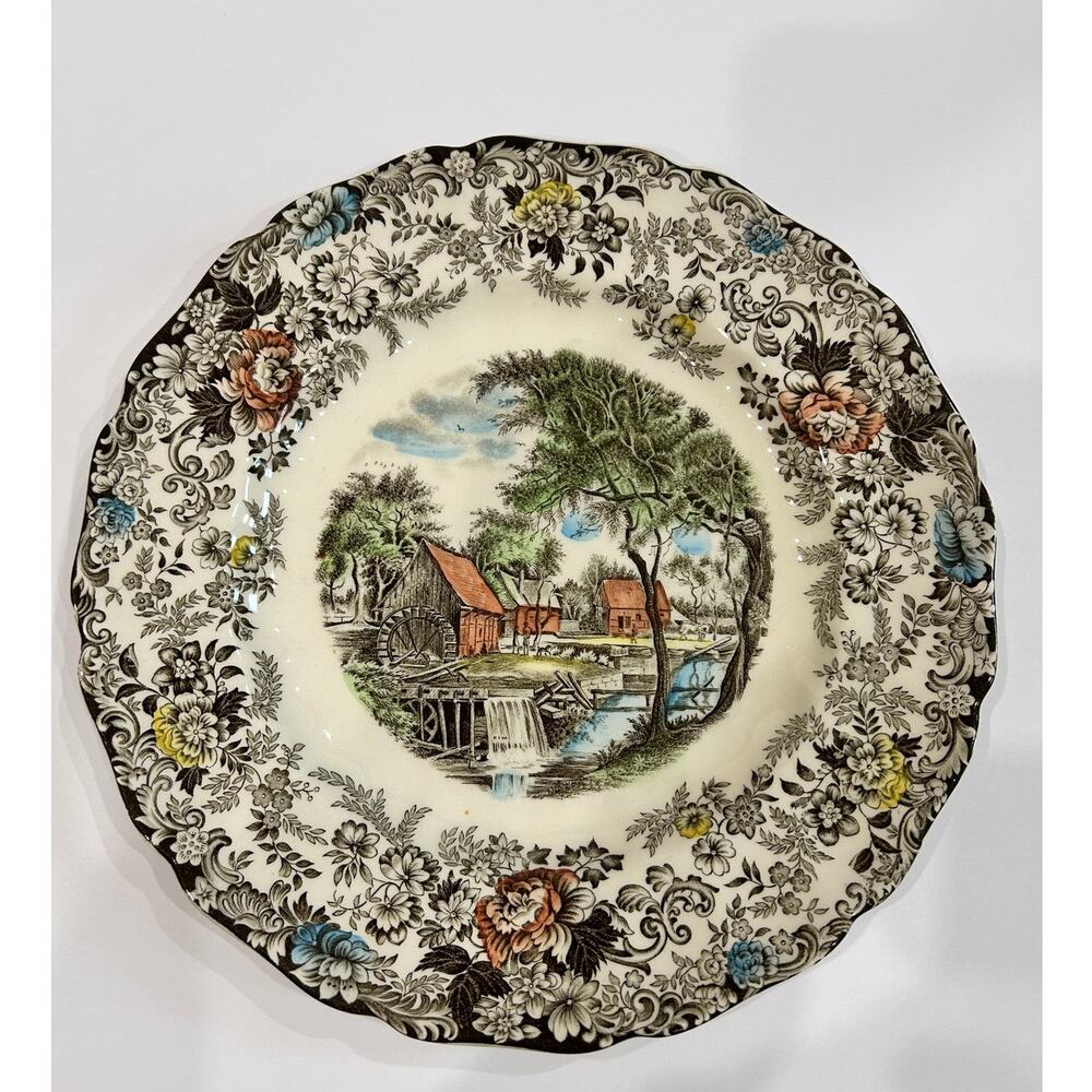 Vintage Johnson Brothers plate watermill scene floral border